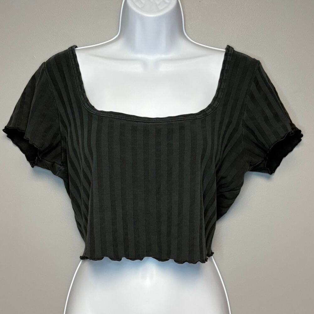 Aerie Offline Black Ribbed Crop Short Sleeve‎ Scoop Neck Ruffle Hem Top Sz XL